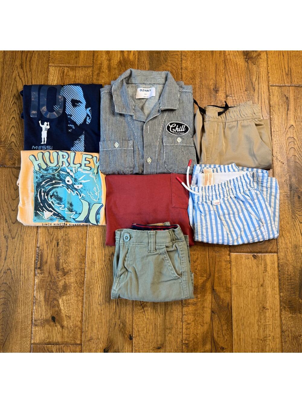 Lot of 7 Boys Summer Clothing Sz 6/7 Swim Trunks Adjustable Shorts Shirts Messi
